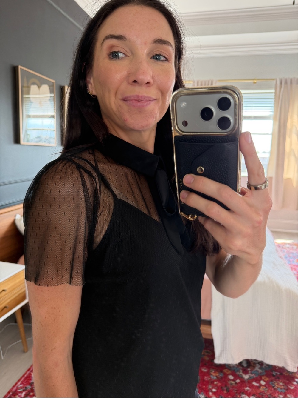 Who What Wear Black Sheer Dot Sleeve Tie-Neck Top